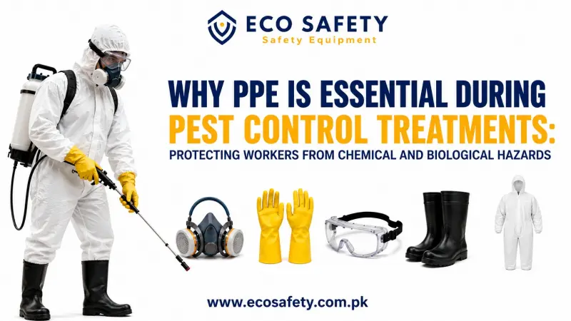 PPE for pest control includes a protective suit, respirator, gloves, goggles, and boots to protect workers from chemical and biological hazards.
