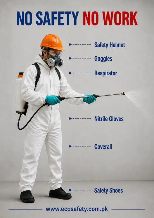 Technician wearing complete PPE for pest control, including helmet, goggles, respirator, nitrile gloves, coverall, and safety shoes while spraying.