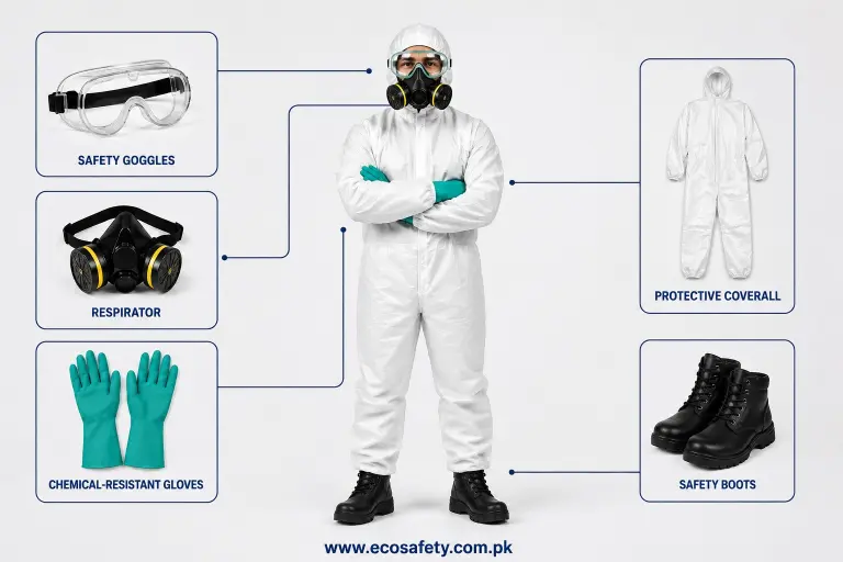 Essential PPE for safe pesticide handling, including safety goggles, respirator, chemical-resistant gloves, protective coverall, and safety boots.