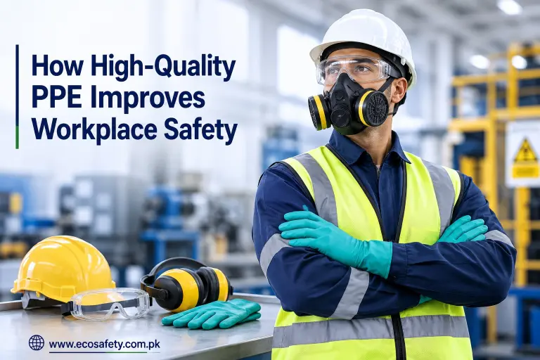 Worker in PPE including hard hat, safety glasses, respirator mask, and high-vis vest in a facility.