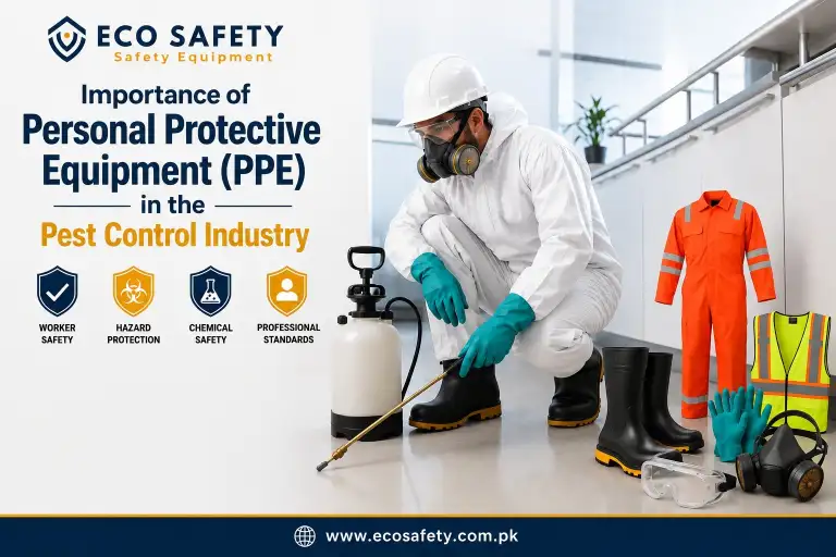 Importance of Personal Protective Equipment (PPE) for Pest Control Industry shown with a technician wearing PPE, sprayer, gloves, boots, goggles, and coveralls.
