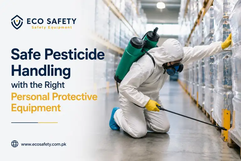 Safe pesticide handling with a worker wearing personal protective equipment while spraying pesticides in a warehouse.