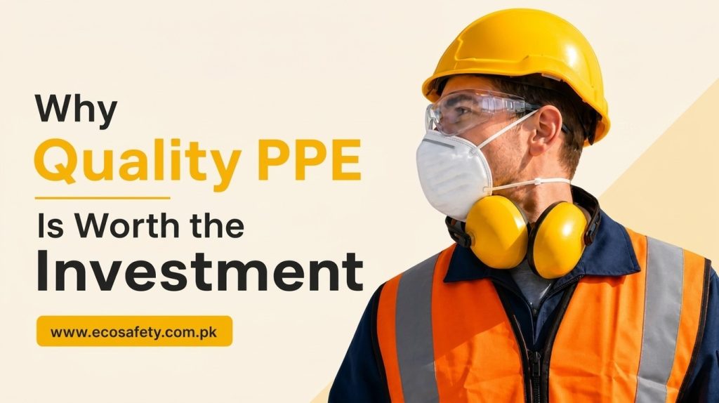 Image shows quality PPE including a yellow hard hat, safety goggles, face mask, ear protection, and high visibility vest for workplace safety.
