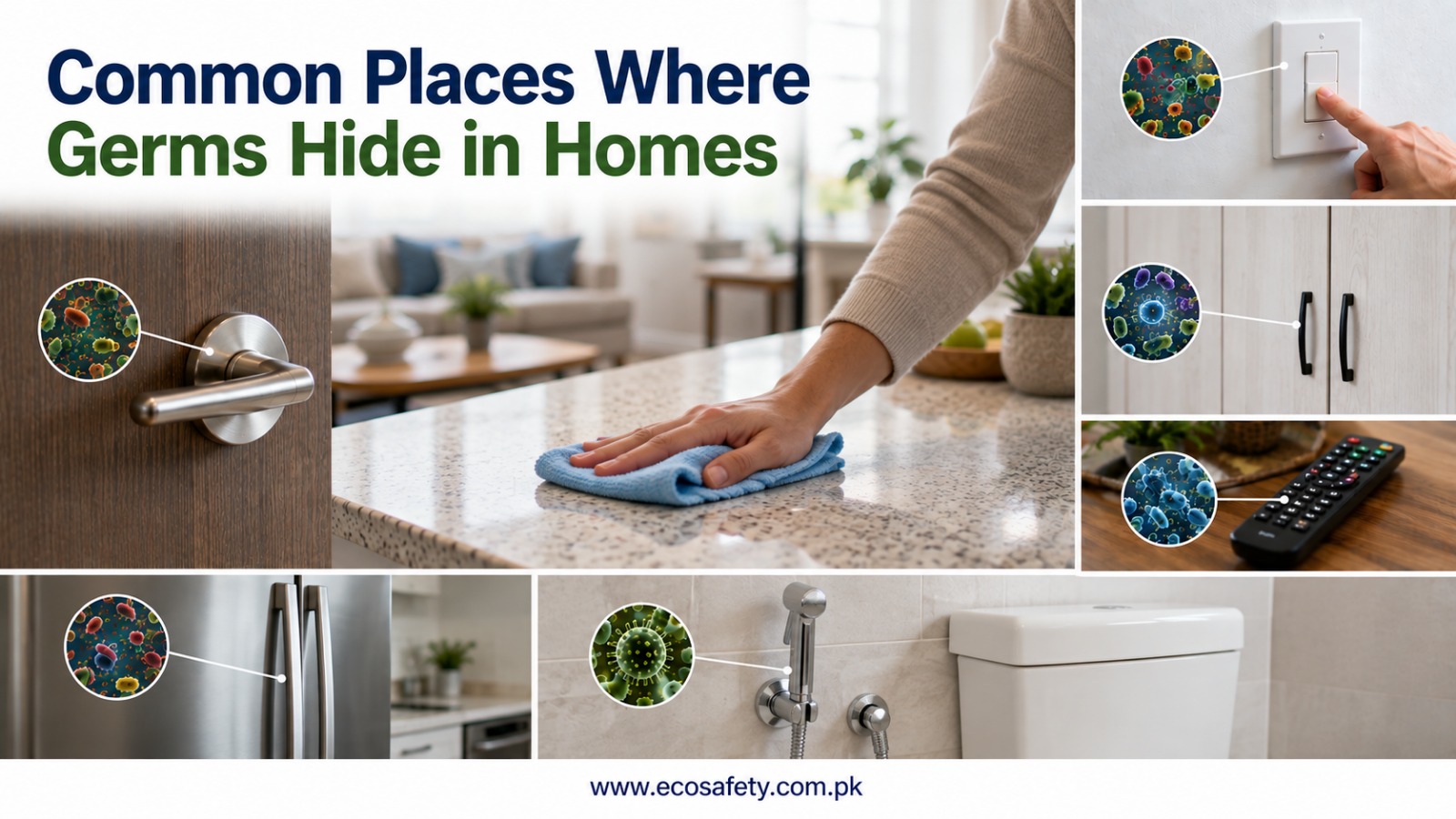 Infographic on common places where germs hide in homes, such as kitchen counters, doorknobs, and switches.